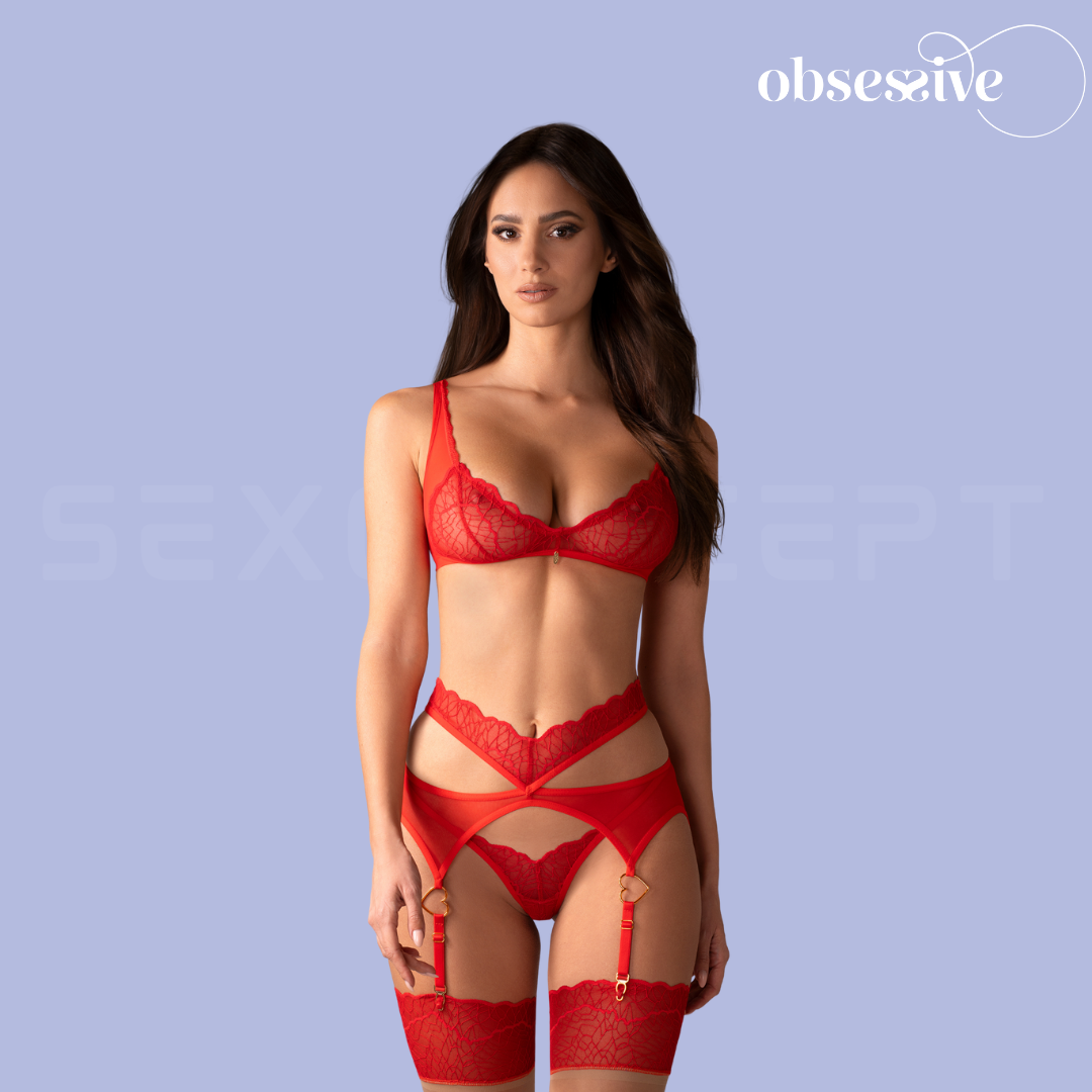 Obsessive - Cupide Desir 花邊愛心吊襪扣 3件內衣套裝 - S/M/L/XL