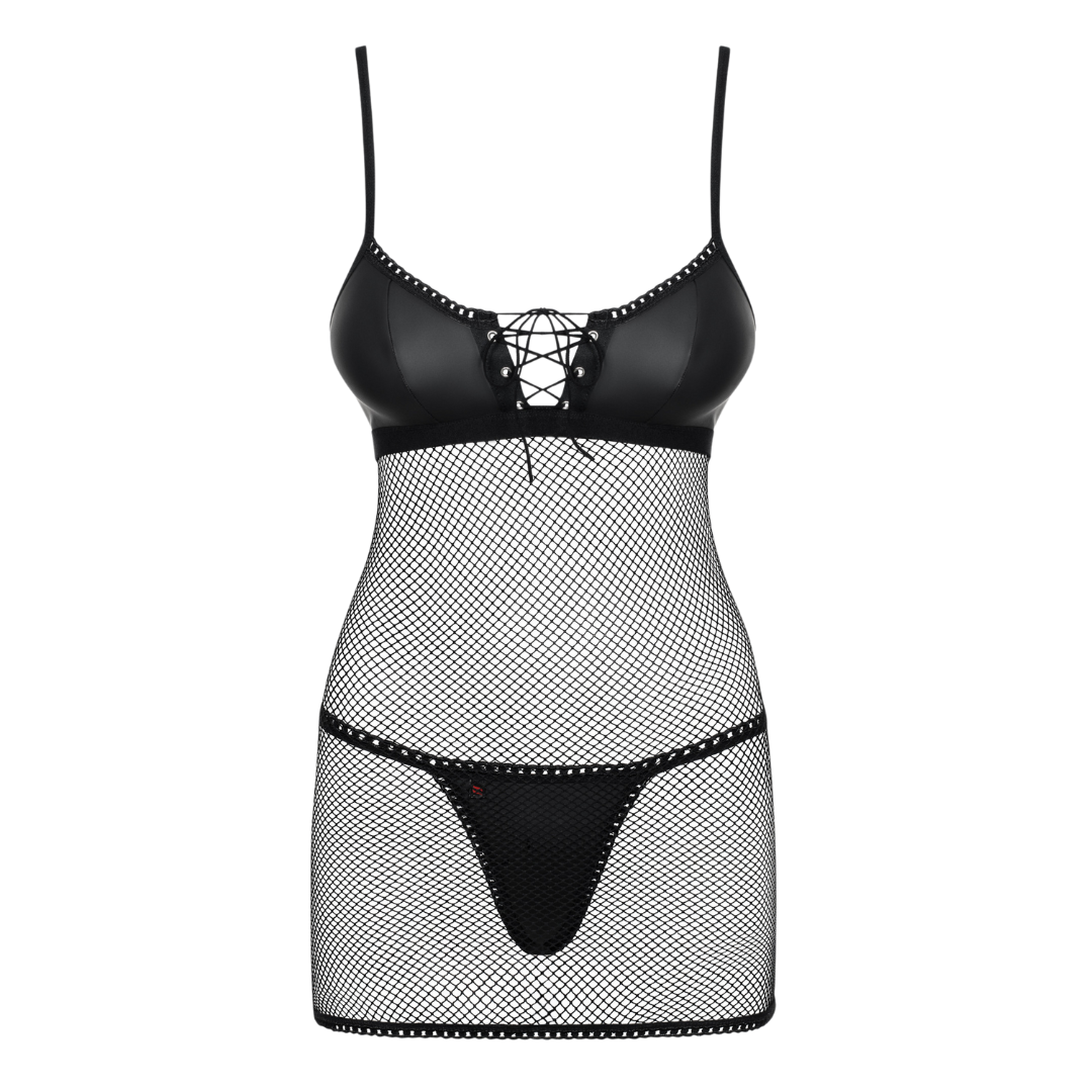 Obsessive - Redella chemise & thong 性感仿皮革網格情趣內衣套裝 - S/M/L/XL