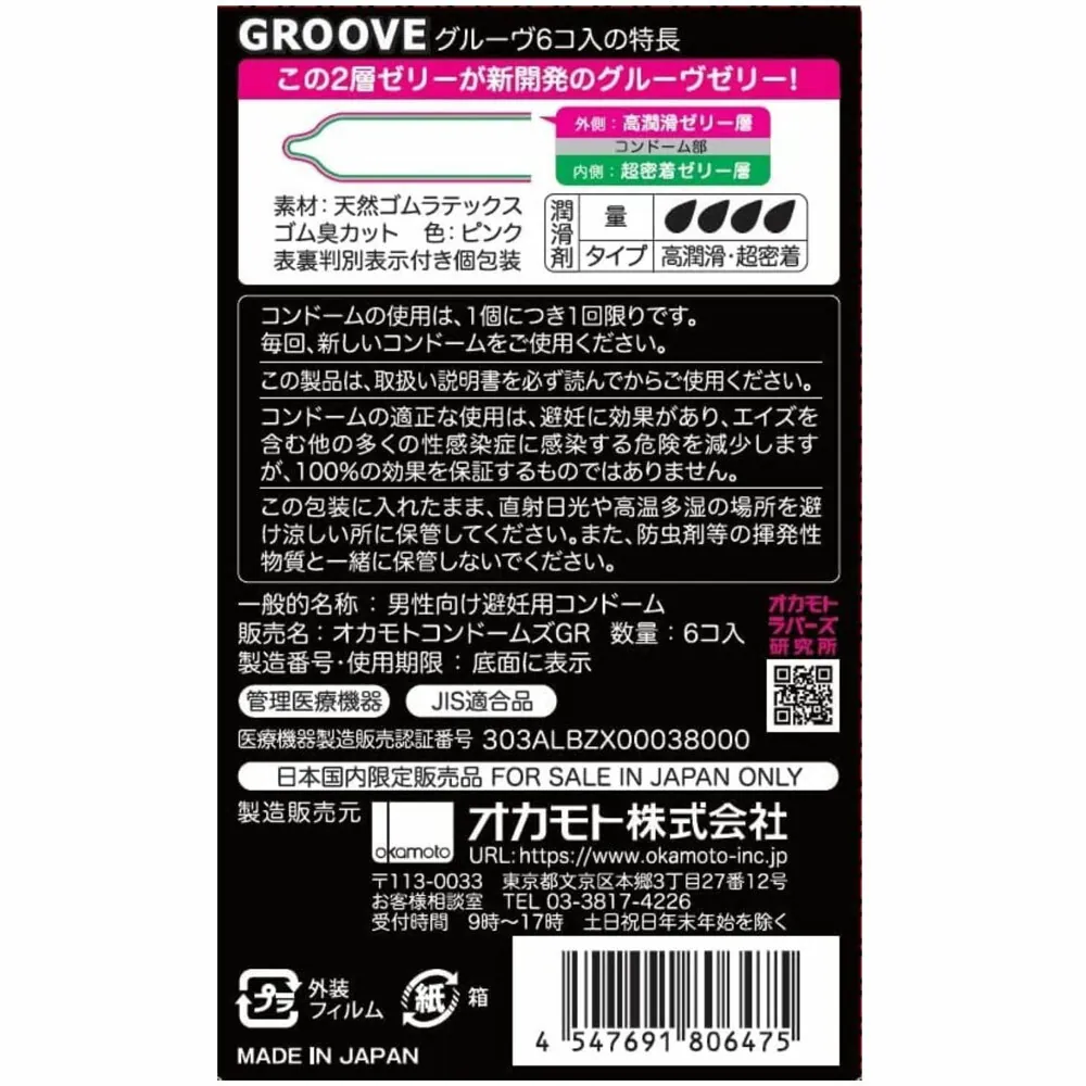 岡本Okamoto GROOVE 加潤貼身 6 片裝 乳膠安全套