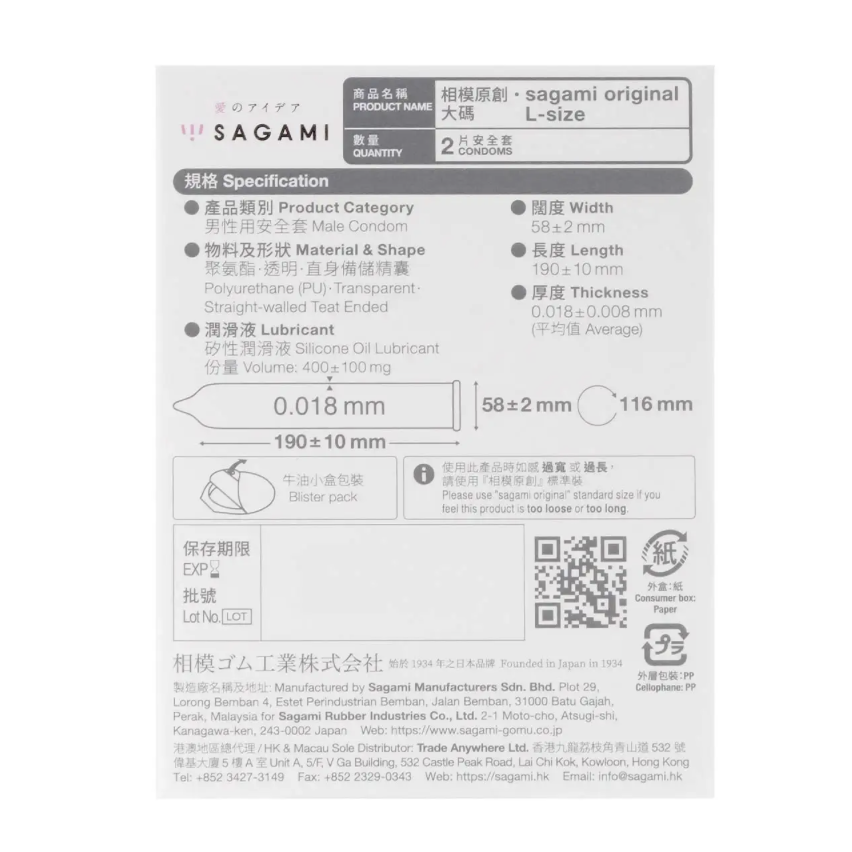 相模原創 0.01 大碼 58mm 2 片裝 PU 安全套